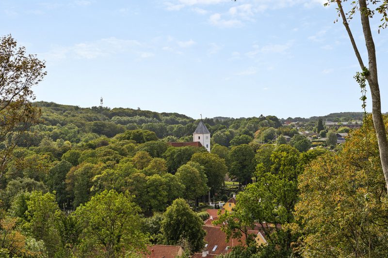 Udsigt fra terrassen over skoven mod Mariager Kirke